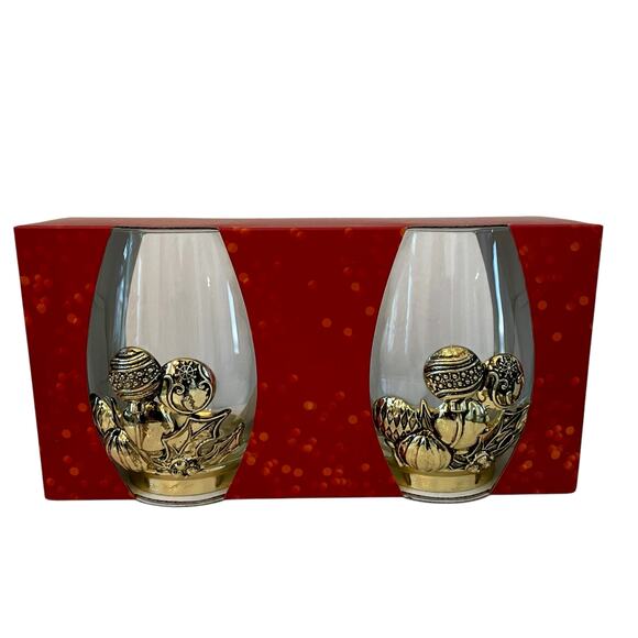 Set of 2 Gold Metal & Glass Christmas Ornament Stemless Wine Glasses Holiday New - Picture 8 of 13